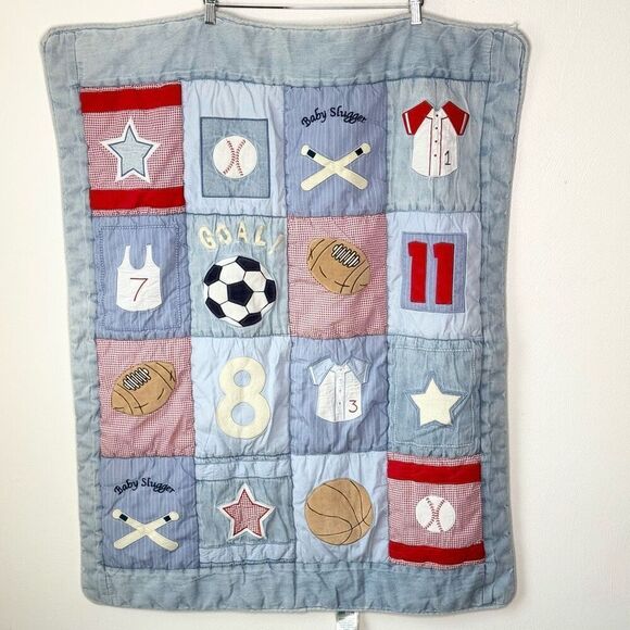 Lambs & Ivy Vintage Sports Theme Embroidered Baby Comforter Tapestry 33” x 40” - Picture 1 of 13